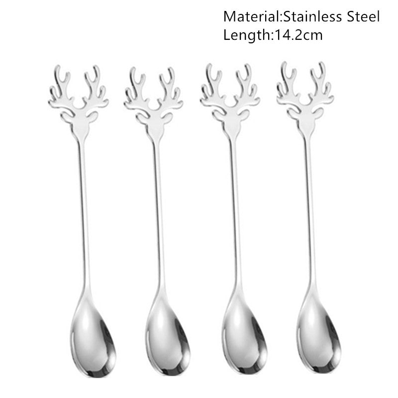 Four stainless steel spoons with decorative antler-shaped handles, each measuring 14.2 cm in length, arranged vertically in a row on a white background.