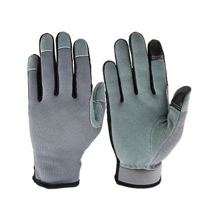 Gray work gloves with black accents, displayed palm and back views. The gloves feature reinforced fingertips and adjustable wrist closures, highlighting durability and functionality.