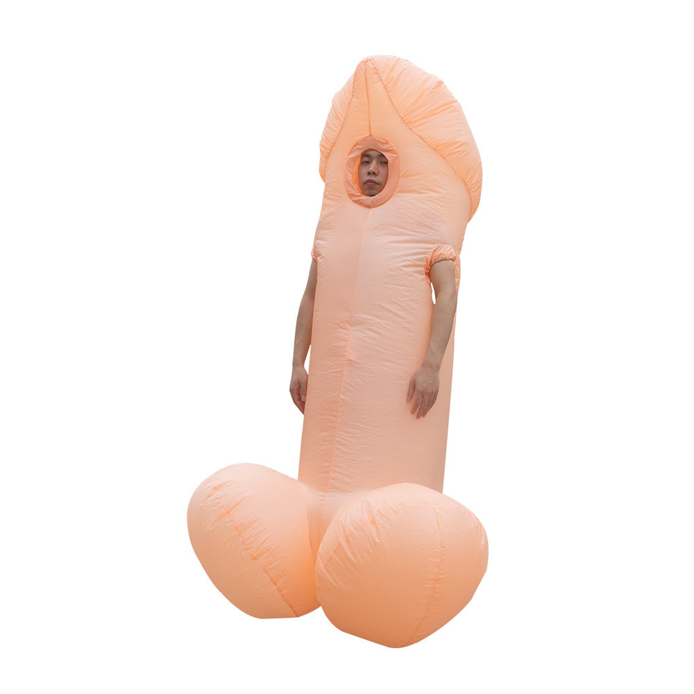 A person wearing an inflatable costume designed to resemble a human anatomical structure, featuring a light skin tone color. The costume is bulbous at the base and tapers upward, with an opening for the face near the top. The person stands with arms at their sides against a plain white background.