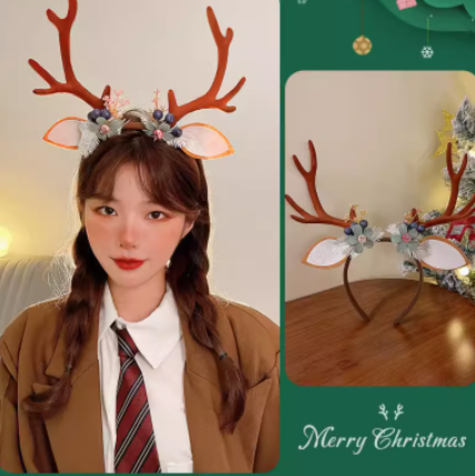 Young woman wearing a reindeer antler headband with flowers, next to a close-up of the headband. She's in a brown coat and striped tie, with a festive "Merry Christmas" message.