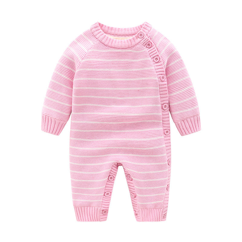 Pink knitted baby romper with long sleeves, featuring buttons along one side and down each leg for easy access. The fabric includes subtle horizontal stripes.
