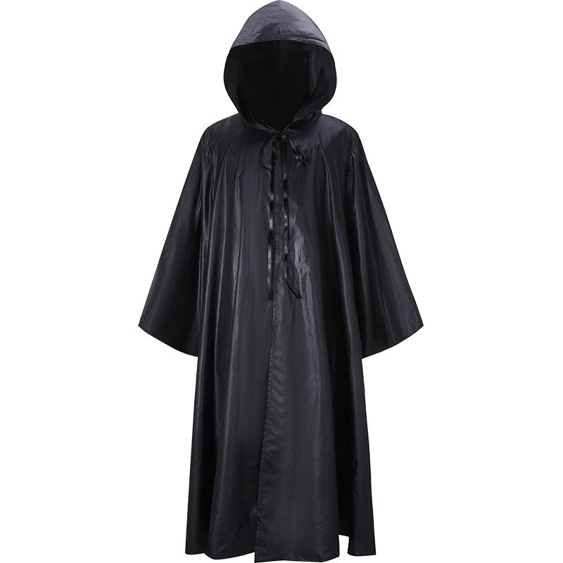 Black satin hooded cloak with long sleeves and a tie closure at the neck. The cloak has a shiny finish and drapes elegantly, resembling a costume or ceremonial robe.
