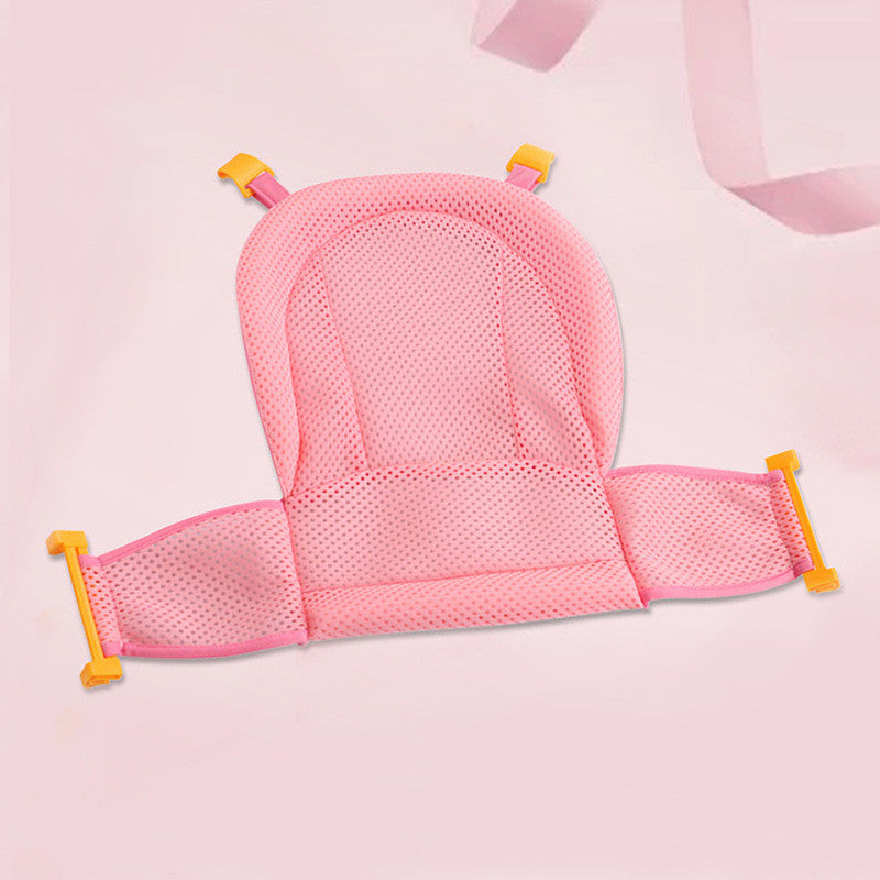 Pink mesh baby seat with adjustable straps and yellow clips, designed for support and comfort. The soft material provides safety and breathability on a light pink background.