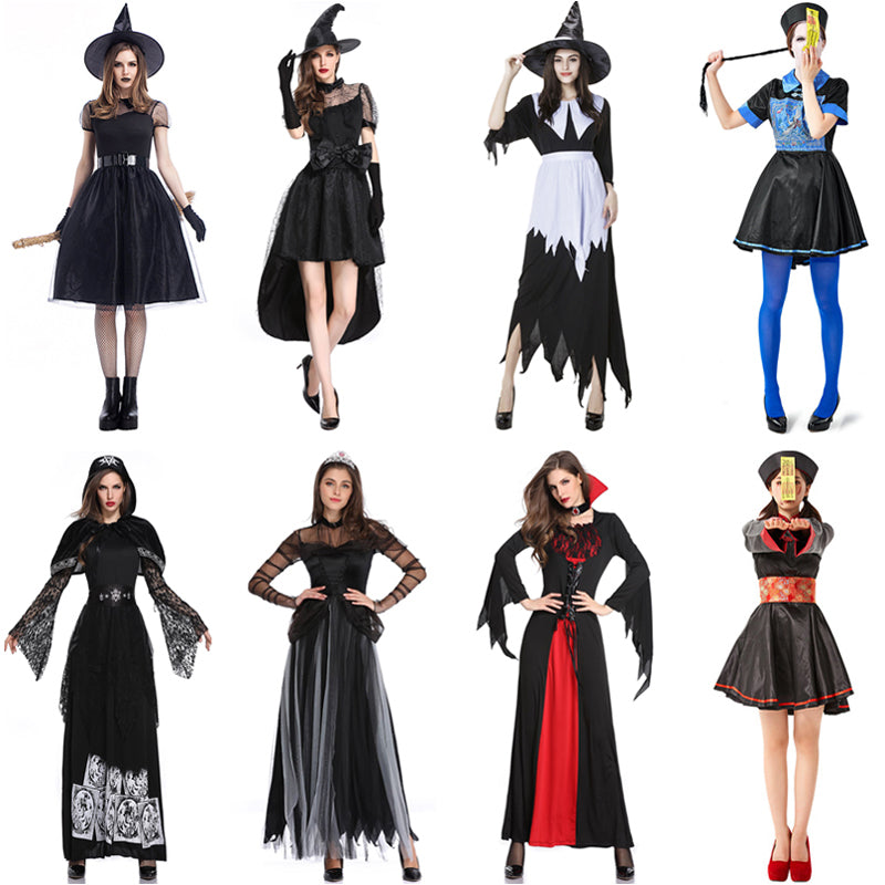 Nine women in various Halloween costumes, including witches, a vampire, and a zombie, wearing black dresses and pointed hats. They pose against a white background.