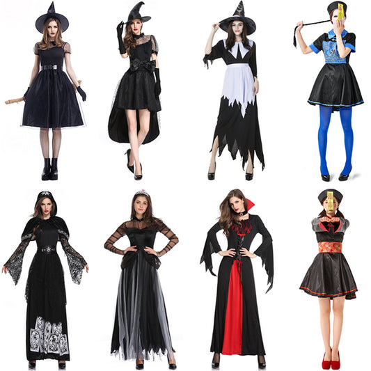 Nine women in various Halloween costumes, including witches, a vampire, and a zombie, wearing black dresses and pointed hats. They pose against a white background.