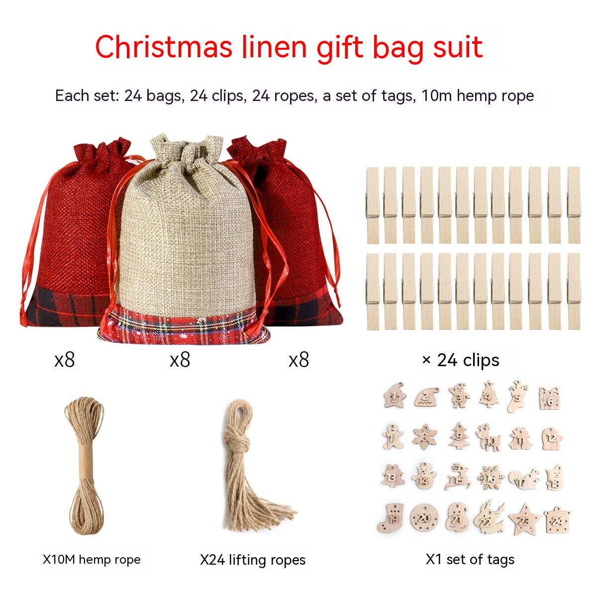 Set includes 24 Christmas linen bags in red and beige, plaid details, 24 clips, 24 lifting ropes, 10m hemp rope, and a set of wooden tags with festive designs.