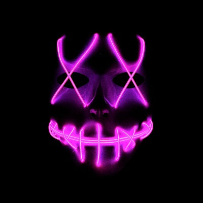 A glowing neon mask with pink lines forms Xs over the eyes and a stitched pattern over the mouth, set against a dark background.
