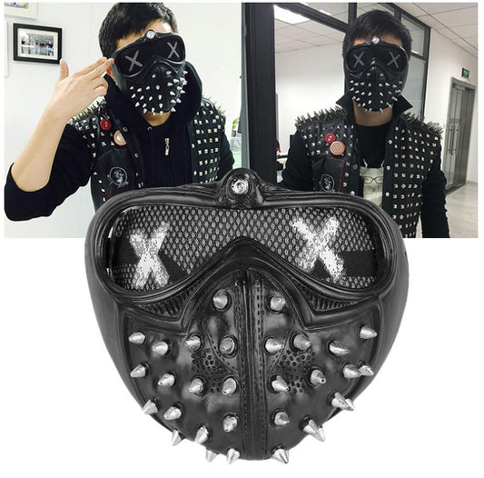 A person wearing a black mask with X symbols on the eyes, spiked studs covering the front, and a studded jacket. Below is a close-up of the spiked mask with mesh detail.