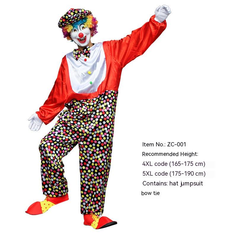 A clown wearing a colorful polka-dot jumpsuit, red nose, and rainbow wig, strikes a playful pose. The costume includes a hat and bow tie. Sizing details are listed beside.