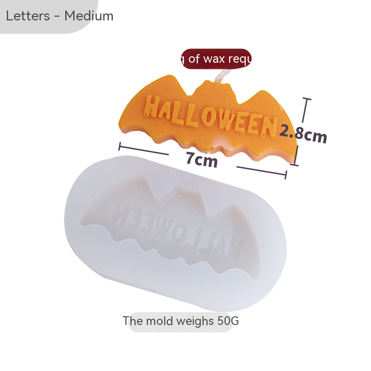 Orange bat-shaped candle with "HALLOWEEN" text, measuring 7cm by 2.8cm. White silicone mold shown below, weighing 50g. Suitable for making Halloween-themed candles.