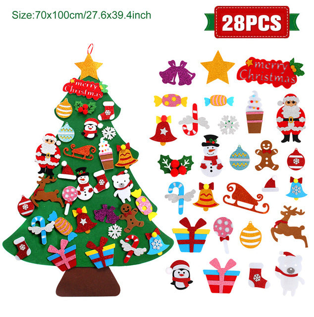 Felt Christmas tree with 28 detachable ornaments including Santa, snowman, candy canes, presents, and gingerbread man. Tree is decorated with holiday-themed items.