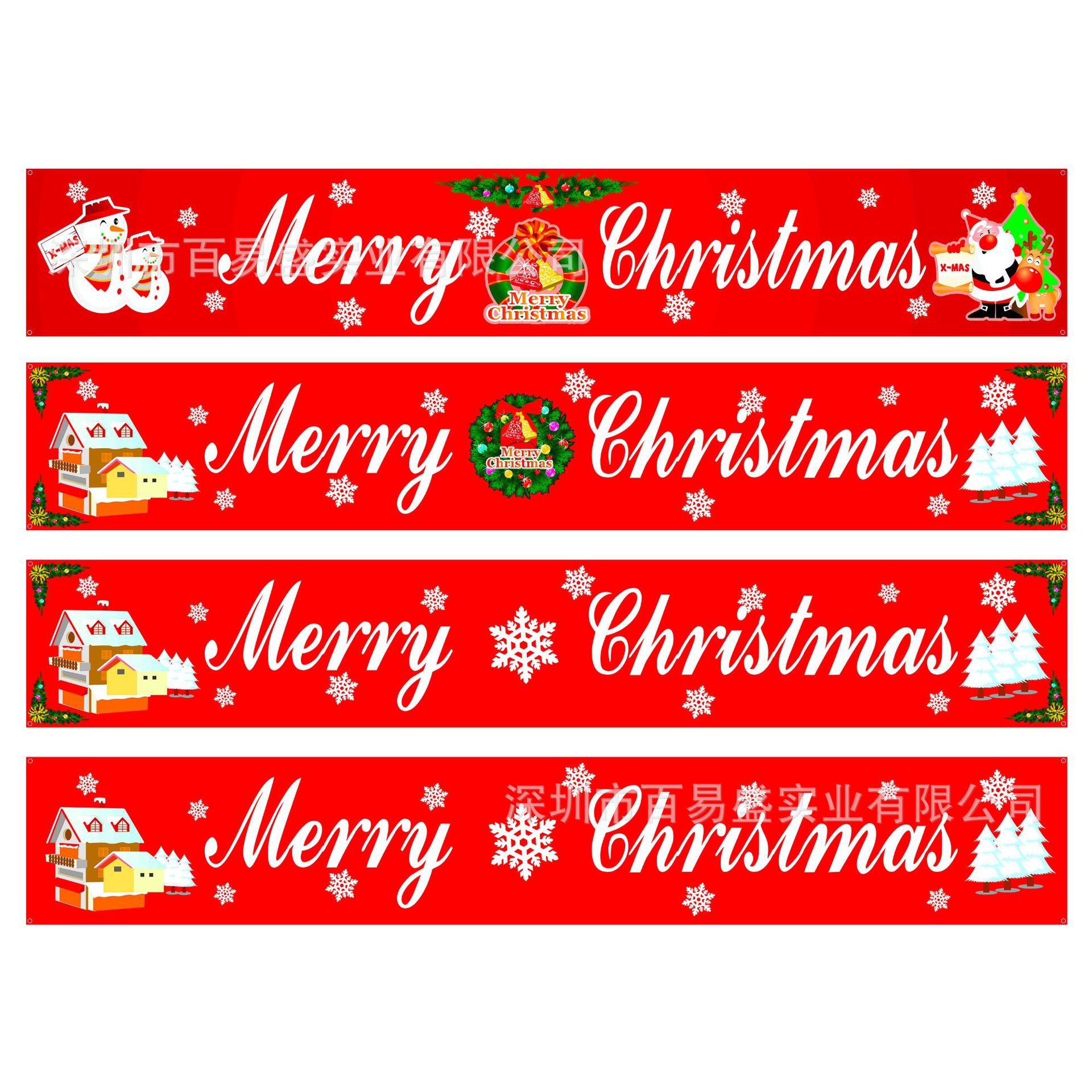 Red Christmas banners featuring "Merry Christmas" in white text, snowflakes, Santa, snowman, decorated trees, houses, and a Christmas wreath with festive designs.