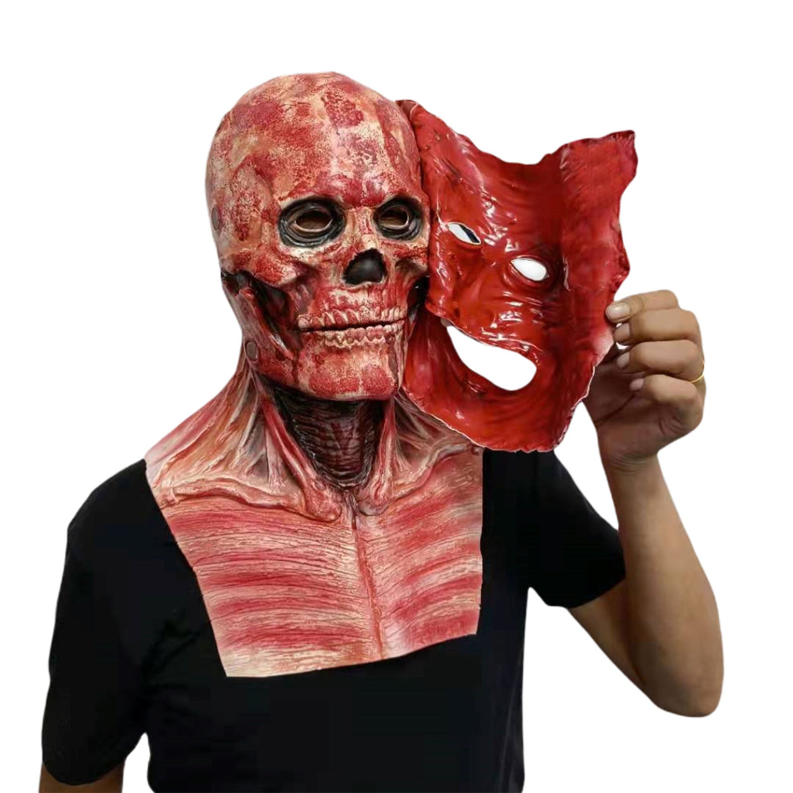 Person holds a realistic, gruesome mask resembling a peeled face, revealing a skeletal structure with muscles exposed underneath, wearing a black shirt.