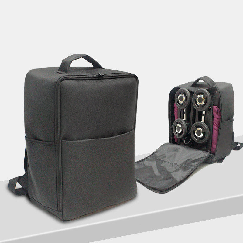Black backpack with carrying handle shown closed on left and open on right. The open one reveals internal compartments holding four skateboard wheels and padded dividers.