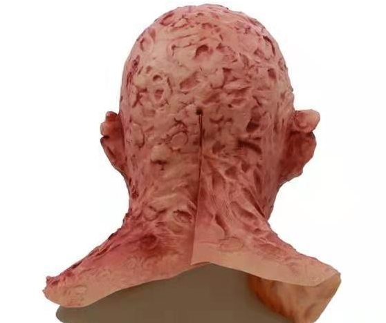 Back view of a detailed, textured latex mask resembling a scarred or mutated human head. The mask is pinkish with raised surface patterns and extends to the neck.