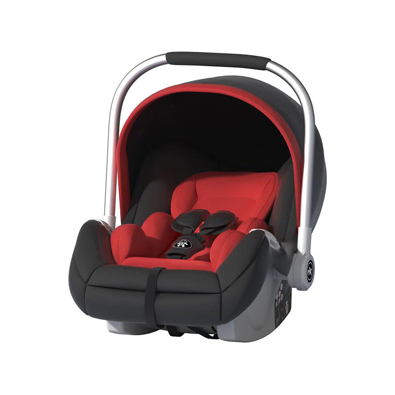 Red and black infant car seat with a protective canopy and safety harness, featuring a gray adjustable handle for easy carrying.
