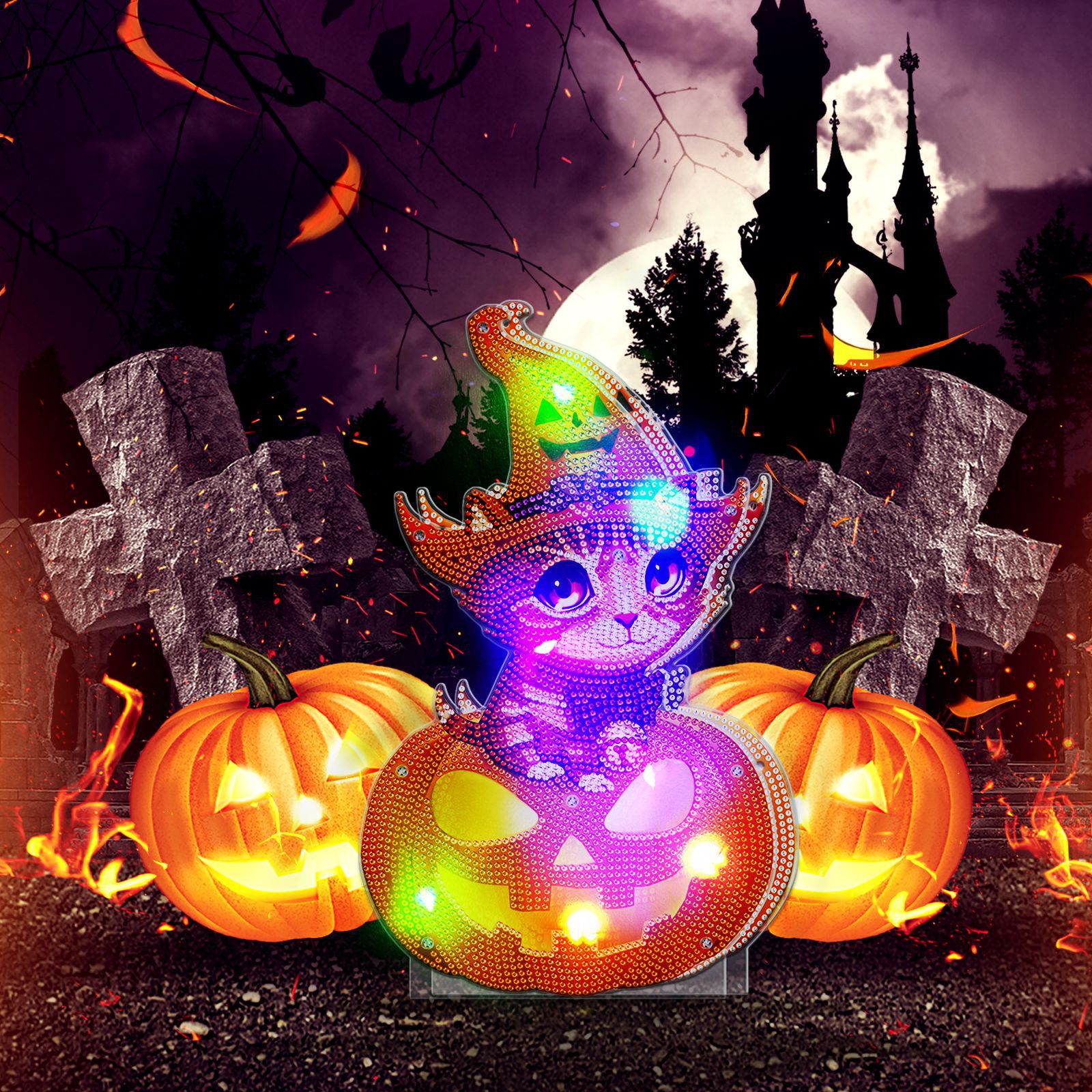 A sparkling cat in a witch hat sits atop a glowing jack-o'-lantern, surrounded by pumpkins and grave markers. A spooky castle and full moon create a Halloween scene in the background.