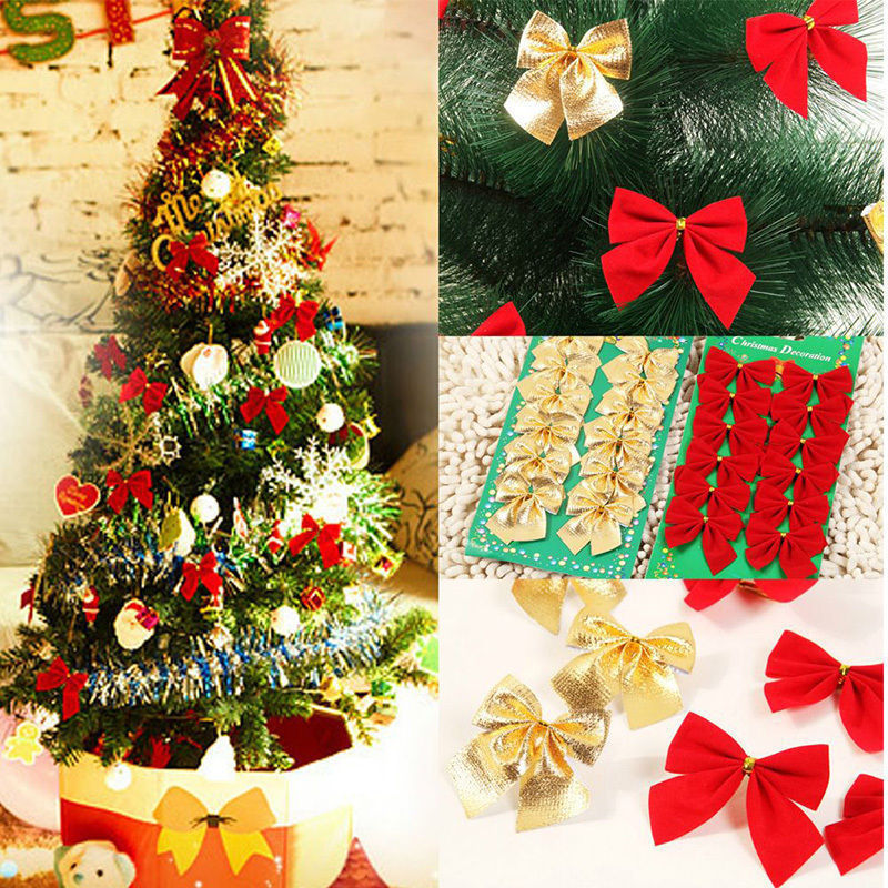 Festive Christmas tree adorned with red and gold bows and ornaments. Close-up images show gold and red bows, highlighting the tree's vibrant holiday decorations.