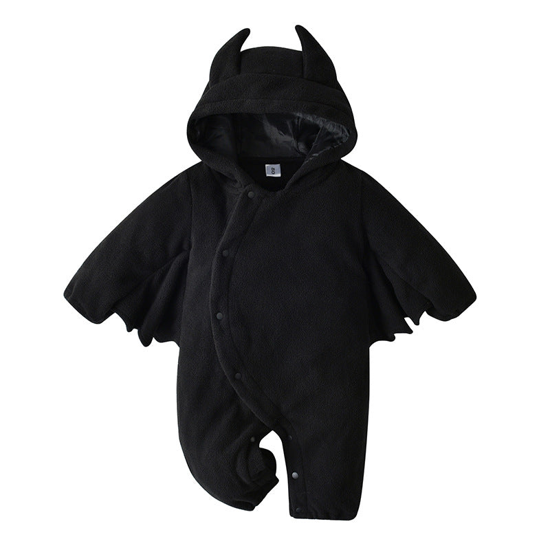Black infant onesie designed like a bat costume, featuring a hood with ears, wing flaps, and front buttons.