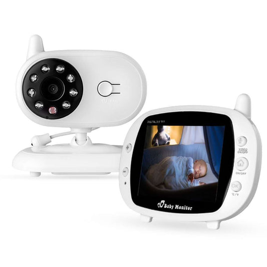 A white baby monitor system with a camera and a separate screen displaying a sleeping baby. The camera features infrared lights, while the screen has control buttons on the side.