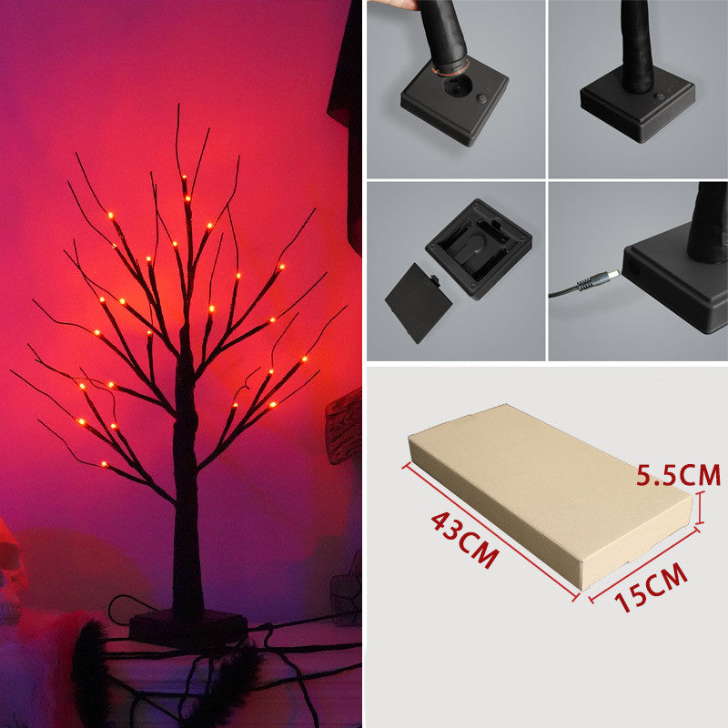 LED tree lamp with orange lights on branches against a red background. Close-ups show base assembly and power connection. A packaging box with dimensions 43x15x5.5 cm is displayed.