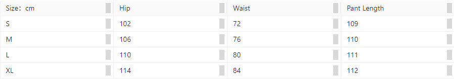 Size chart in centimeters showing hip, waist, and pant length for sizes S to XL. Small: 102/72/109, Medium: 106/76/110, Large: 110/80/111, XL: 114/84/112.