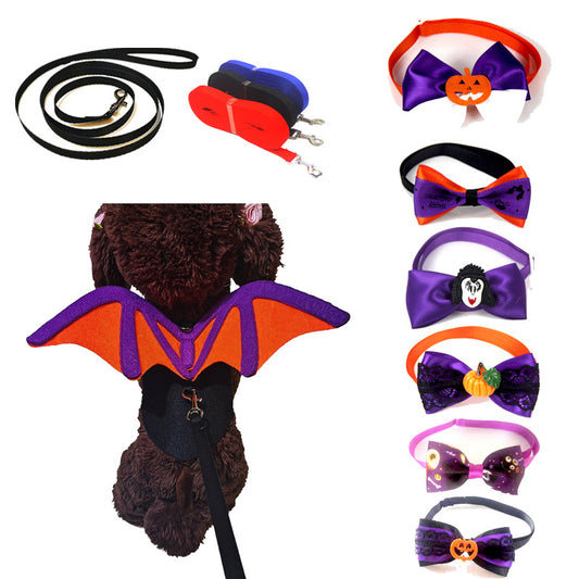 Pet accessories including leashes, retractable leads, and colorful Halloween-themed bow ties with decorations. A dog wears bat wings, completing the spooky look.