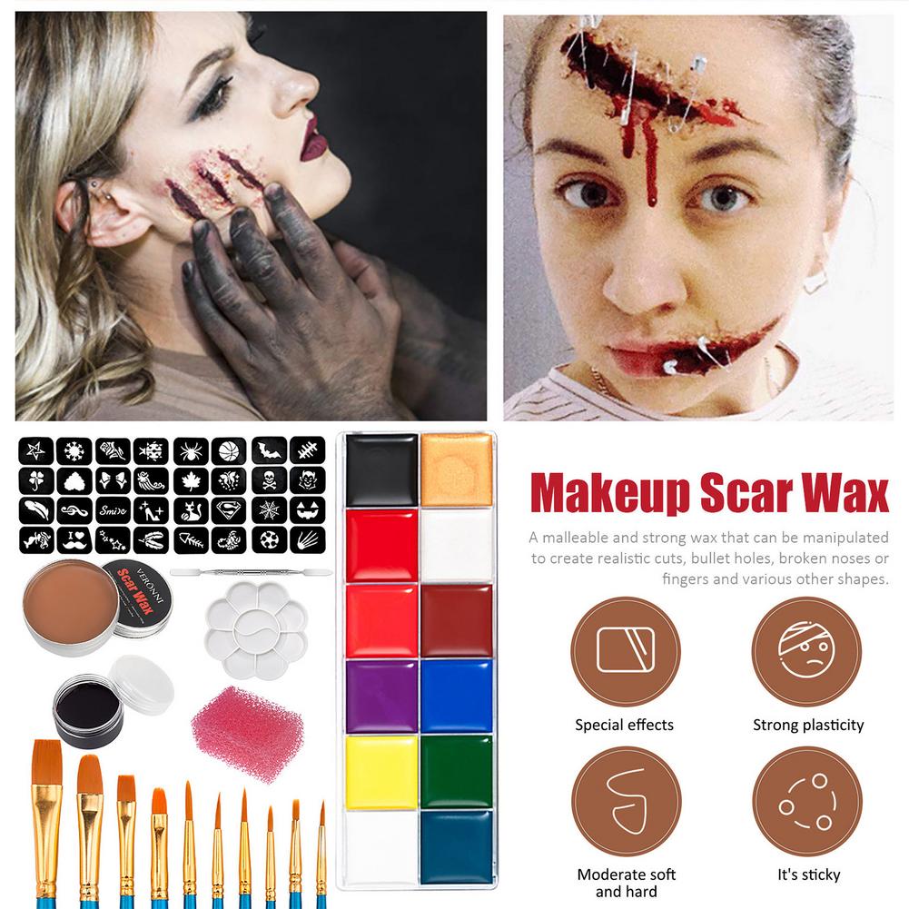 Assortment of special effects makeup items including scar wax, paint palette, stencils, brushes, and application tools. Images showcase realistic wound effects on faces.