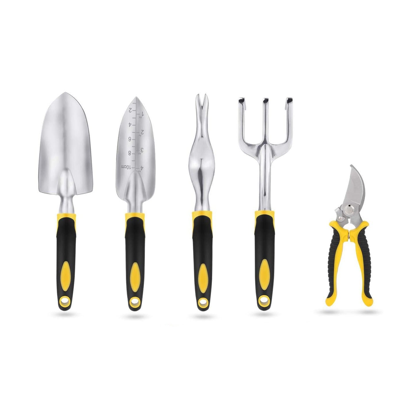 Five gardening tools with black and yellow handles: a trowel, measuring trowel, weeder, hand fork, and pruning shears, aligned against a white background.