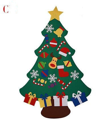 Festive felt Christmas tree with colorful decorations including a reindeer, Santa hat, candy canes, snowflakes, and gift boxes. A yellow star tops the tree.