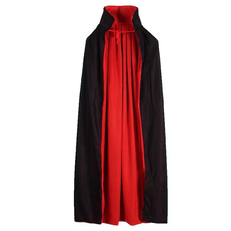 Black cape with a high collar and red lining. The garment is open and displays flowing red fabric inside, suitable for a dramatic or Halloween costume.