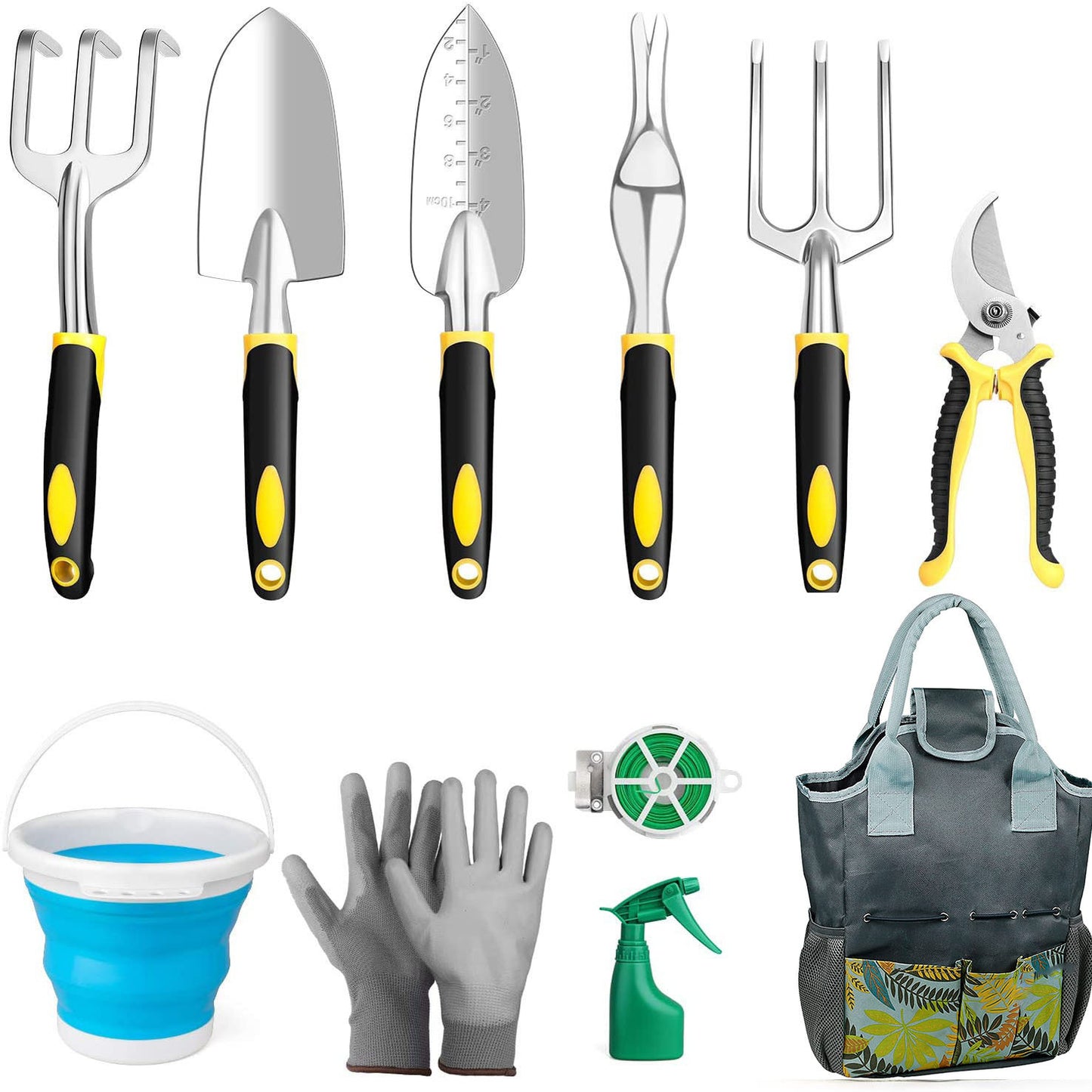 Gardening tool set with hand rake, trowels, weeder, fork, pruners, gloves, collapsible bucket, plant ties, spray bottle, and a tote bag with floral design and pockets.
