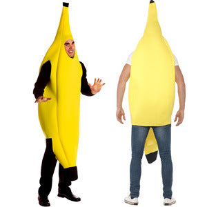 Two people wearing banana costumes. One is facing forward with a black outfit underneath, smiling and gesturing. The other is seen from the back, wearing blue jeans.