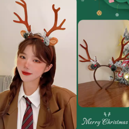 A person with braided hair wears a reindeer antler headband decorated with holly and snowflakes. Beside them is a close-up of the headband. Festive "Merry Christmas" text is visible.