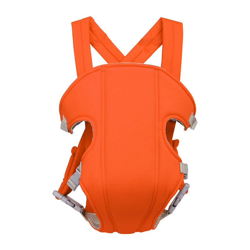 Orange baby carrier with adjustable gray buckles and soft, cushioned straps. Designed for front-carrying comfort and support. Suitable for infants and toddlers.