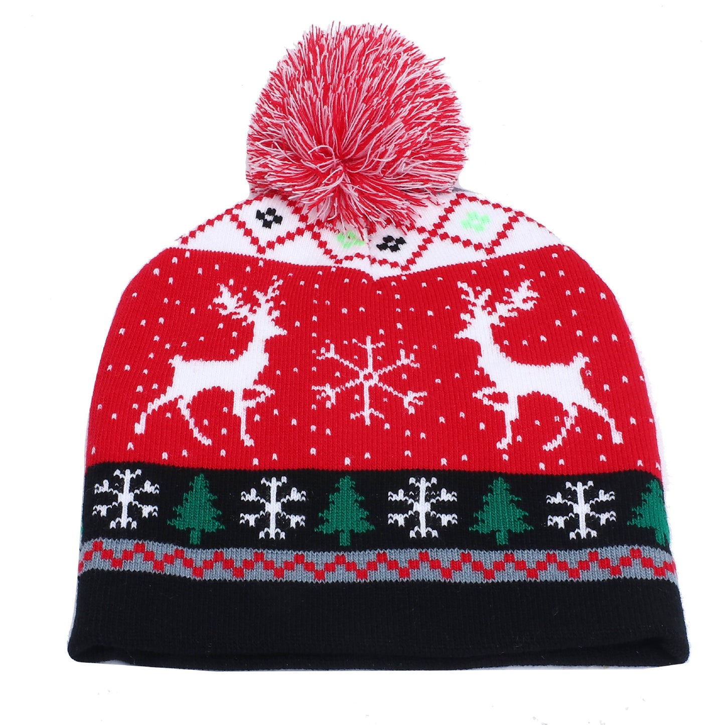 Red winter beanie with white reindeer, snowflakes, and green trees. Features a red pom-pom on top and a black band at the base.