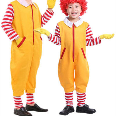 Two children wear clown costumes with yellow overalls, red and white striped sleeves, red collars, and red wigs. They have yellow gloves, striped socks, and black shoes.