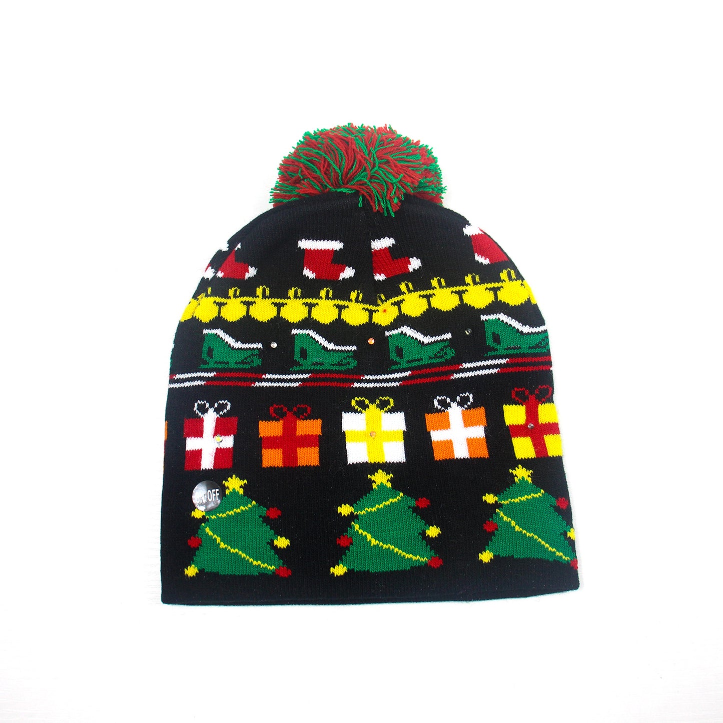 Festive black knit beanie featuring Christmas-themed patterns including Santa hats, sleds, gift boxes, and trees. It has a red and green pompom on top.