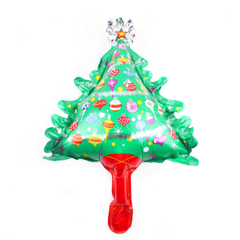 A festive green Christmas tree balloon with colorful ornaments and a red base, featuring a star at the top.