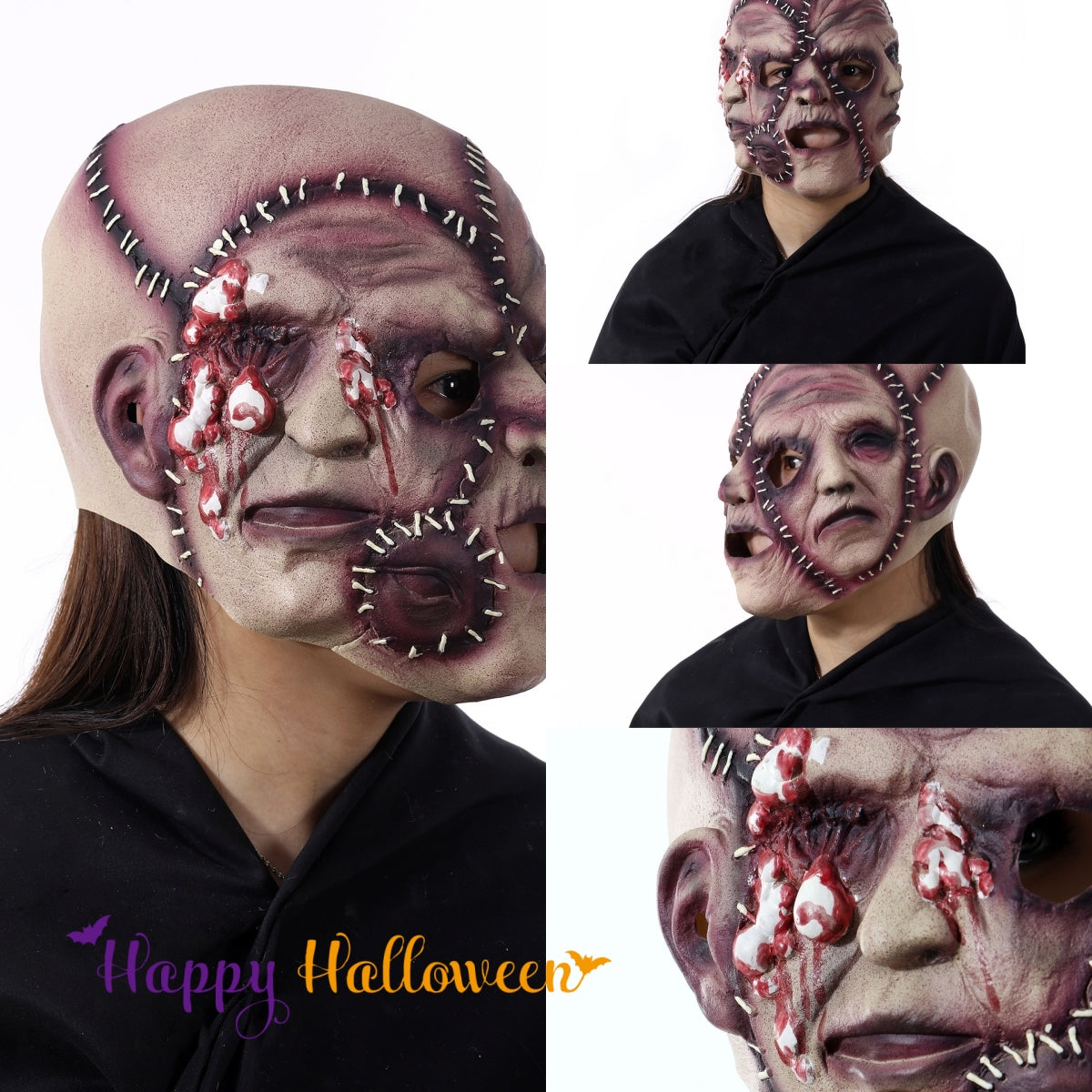 Person wearing a stitched, grotesque Halloween mask with fake blood and textured skin. The image includes multiple angles of the mask and a "Happy Halloween" message.
