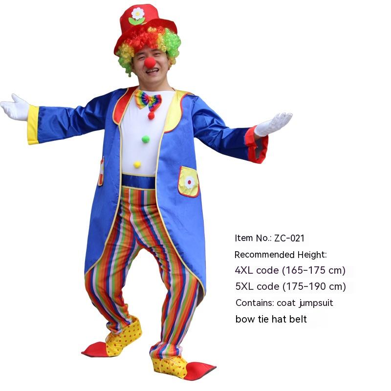 A person in a colorful clown costume with a red nose, vibrant wig, and rainbow-striped pants, posing with arms outstretched. Costume details and sizes are displayed.