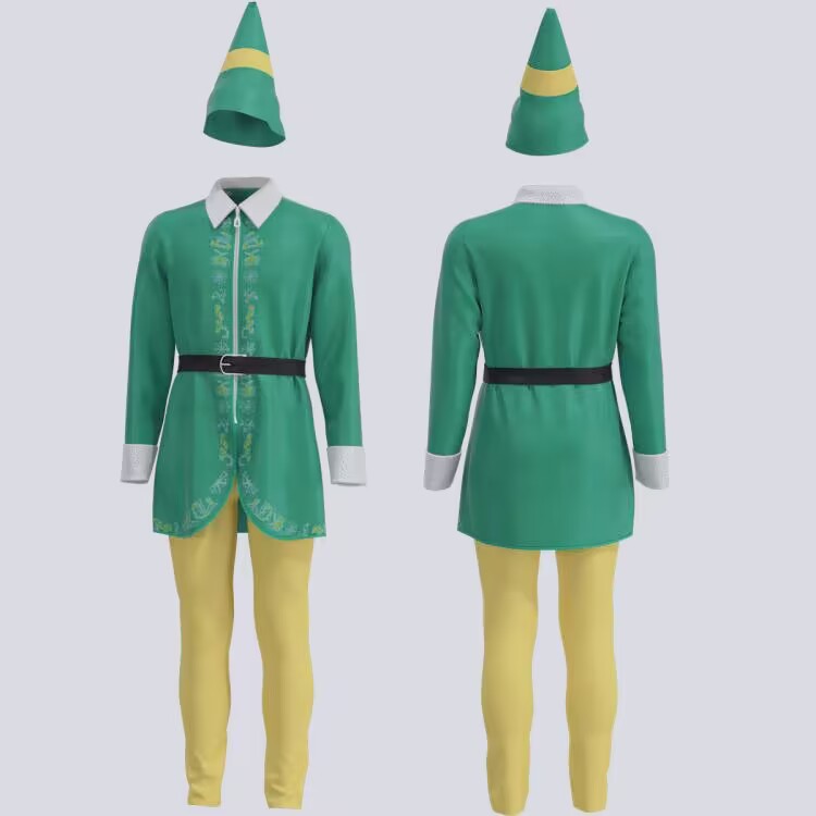Elf costume featuring a green tunic with white collar, black belt, yellow tights, and matching hat with a yellow band, shown from front and back views.