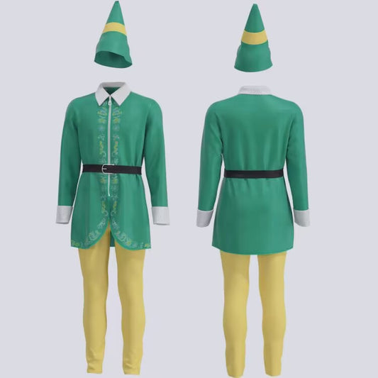 Elf costume featuring a green tunic with white collar, black belt, yellow tights, and matching hat with a yellow band, shown from front and back views.