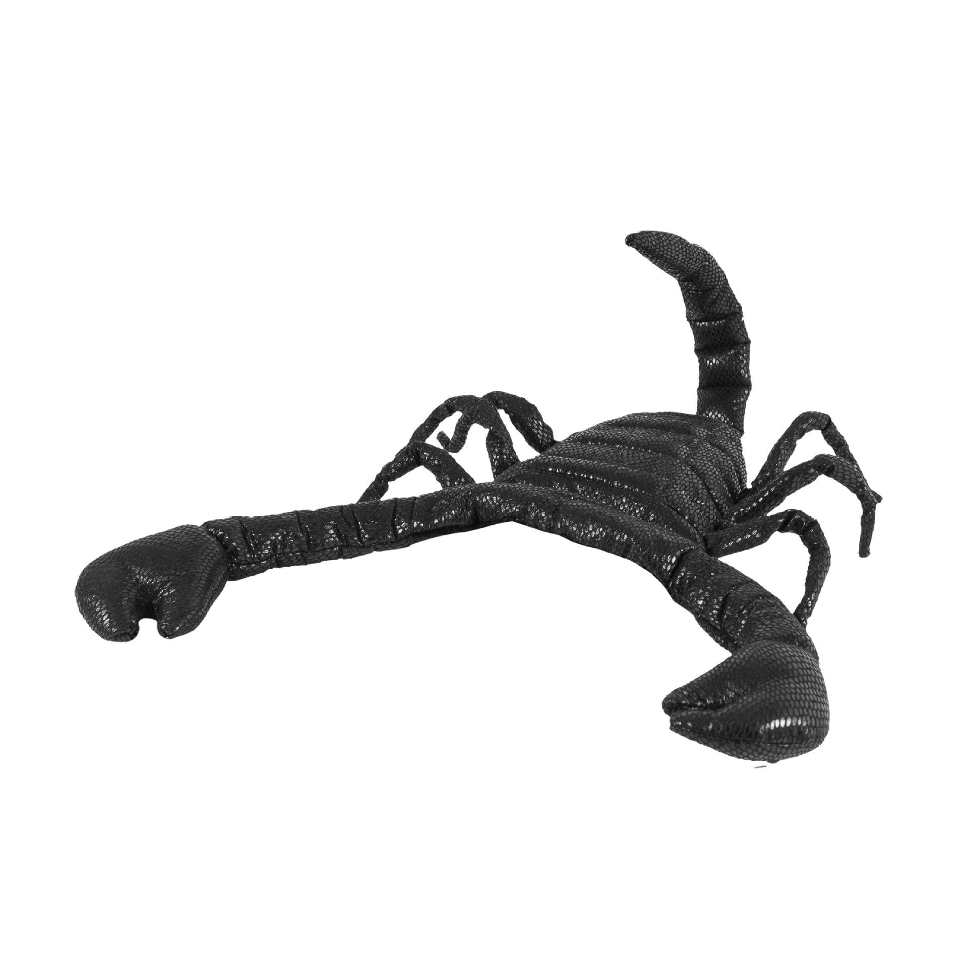 A realistic black plush scorpion toy with detailed texture, featuring large pincers and a curved tail, positioned against a white background.