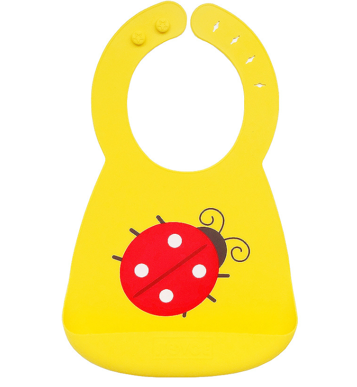 Yellow silicone baby bib with a red ladybug design. The bib has adjustable button fasteners at the neck and a pocket at the bottom for catching spills.