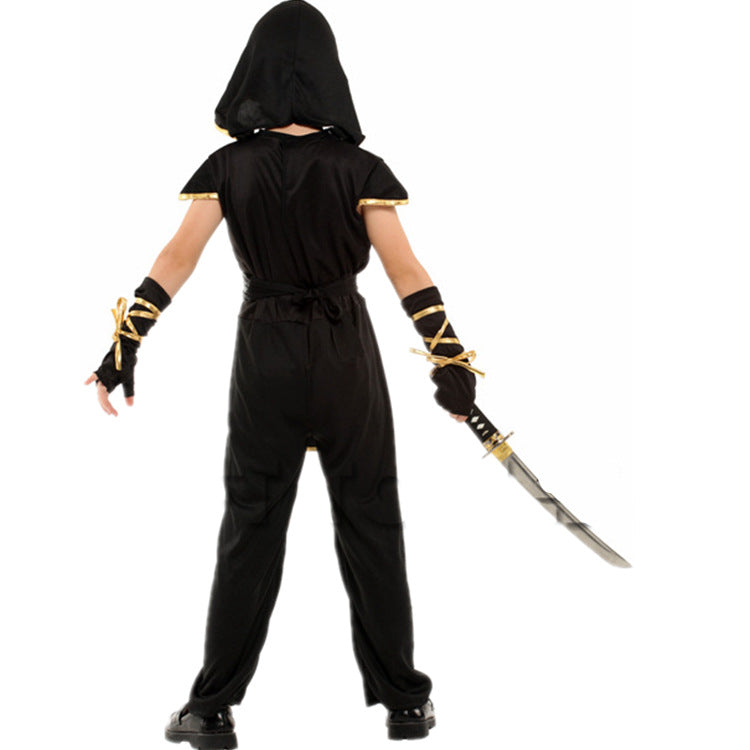 Person in black hooded costume with gold accents, holding a sword in their right hand, facing away. Their arms are wrapped in decorative ribbons.