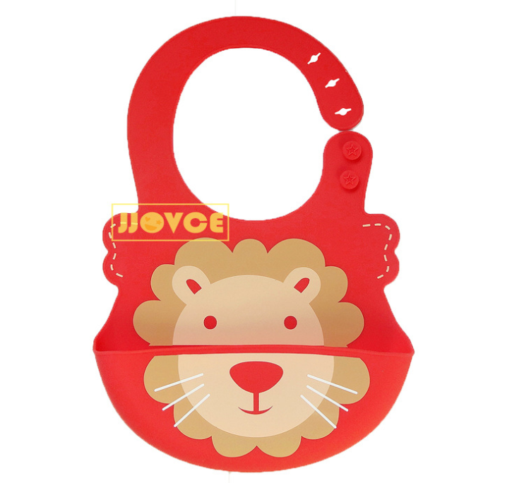 Red silicone bib with a cute lion face design. The bib has adjustable neck fasteners and a deep pocket for catching food spills.