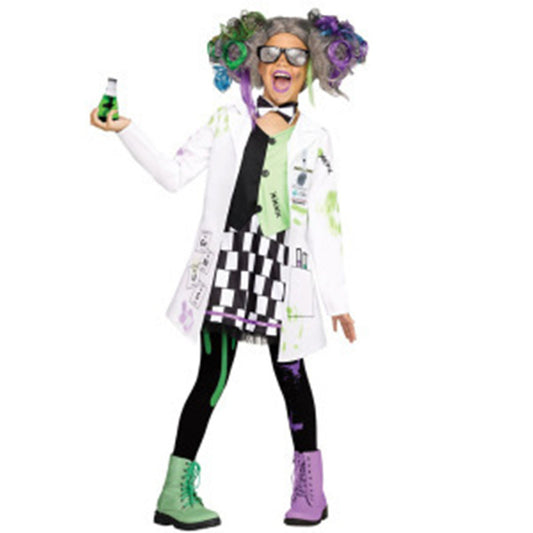 A person in a lab-themed costume with a colorful, messy wig, oversized glasses, holding a green potion bottle. The outfit features a white coat, checkered skirt, and mismatched boots.