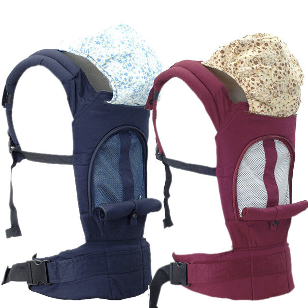 Two baby carriers with mesh fronts; one navy with a blue floral hood, the other burgundy with a beige patterned hood. Both have waist and shoulder straps for support.