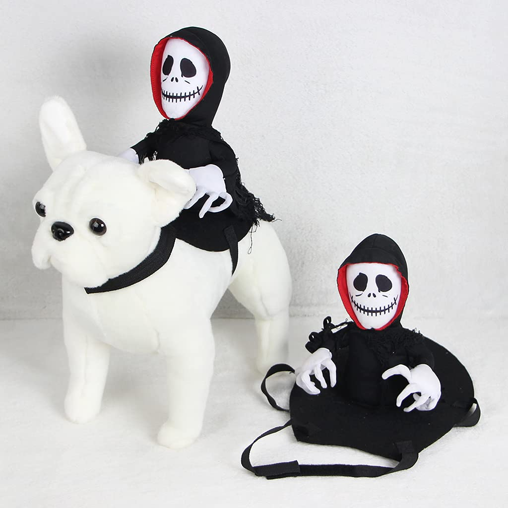 A white dog plush with a skeleton figure in a black robe riding on its back. Another smaller skeleton figure in a similar outfit sits beside them.